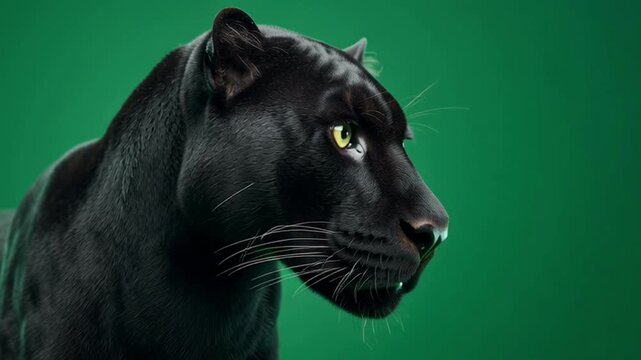 Close up of a black panther with yellow eyes against a solid green colored background image green screen animal video