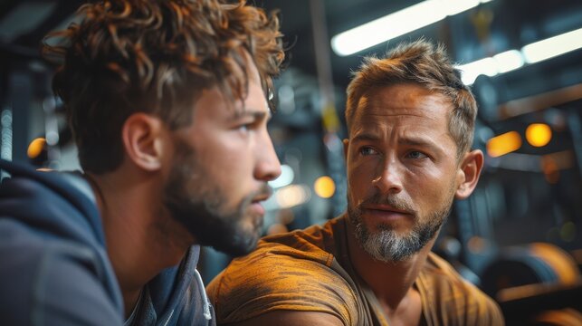 Two men talking in a gym, one listening intently with a concerned face