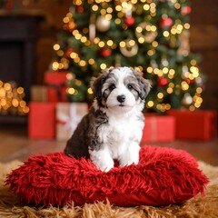Adorable puppy in front of Christmas tree