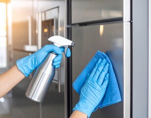 A person wearing blue gloves cleans a stainless steel surface using a spray bottle and a blue microfiber cloth.