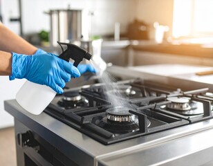 A person wearing blue gloves sprays cleaner on a modern gas stove, focusing on hygiene and kitchen maintenance in a bright, well-lit kitchen setting.