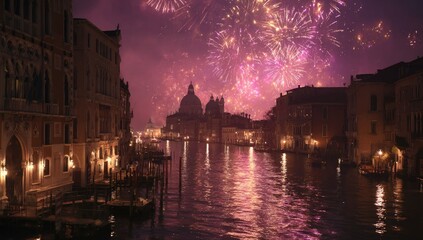 Obraz premium Fireworks explode over a Venetian canal at night.
