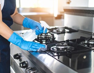 A person wearing blue gloves cleans a modern stainless steel gas stove with a spray bottle and cloth.