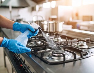 A person wearing blue gloves sprays cleaner on a gas stove burner in a kitchen for hygiene and maintenance.