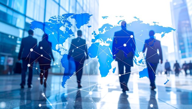Global business network. Blurred figures of business people walk in a city, overlayed with a world map and connections