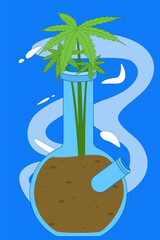 A cannabis plant grows from a bong filled with soil and smoke.