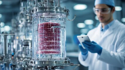 Observe skilled professionals at work in a modern laboratory, focusing on advanced techniques for producing sustainable protein sources. The intricate machinery reflects innovation and precision.