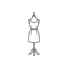 Simple line drawing of a dress displayed on a tailor's mannequin.