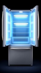 Sleek Neon Lit Refrigerator With Open Doors Illuminating A Cool Blue Glow In A Dark Kitchen Setting