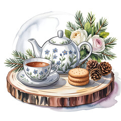 Cozy Teatime Still Life with Cookies and Pinecones