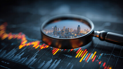 Discovering financial insights through a magnifying glass over market data and a vibrant cityscape