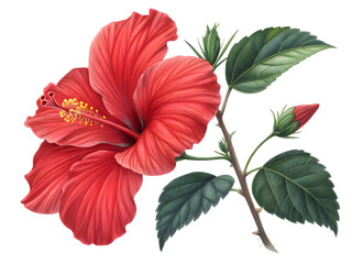 Red hibiscus flower isolated on white background with green leaves and bright petals