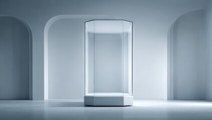 Empty glass display case in a modern gallery space.