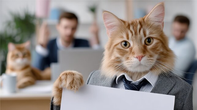 Cat wearing a suit and tie holds a white piece of paper. Concept of humor and playfulness, as the cat is dressed up in a formal outfit and holding a blank piece of paper