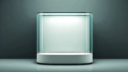 Empty glass display case on a white pedestal.