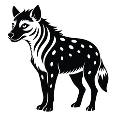 Striking Black and White Illustration of a Spotted Hyena Standing Alertly, Showcasing Distinctive Markings and a Wild Aesthetic
