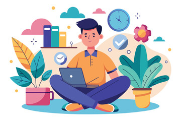 Concept illustrating the feeling of idleness featuring a young person sitting cross-legged with a laptop amid plants and symbols of time management