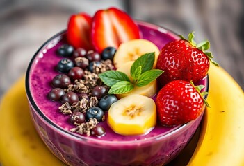 Close-up vibrant acai bowl, bananas, strawberries; documentary style ,  breakfast,   healthylifestyle