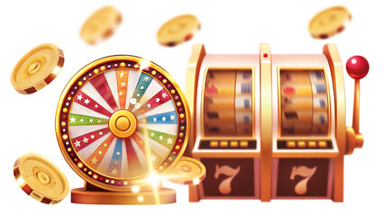Golden casino slot machine and spinning wheel isolated on a transparent background