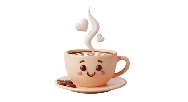A cheerful cartoon coffee cup with steam and floating hearts, smiling and ready to enjoy. - Powered by Adobe