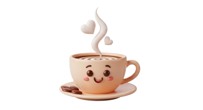 A cheerful cartoon coffee cup with steam and floating hearts, smiling and ready to enjoy.