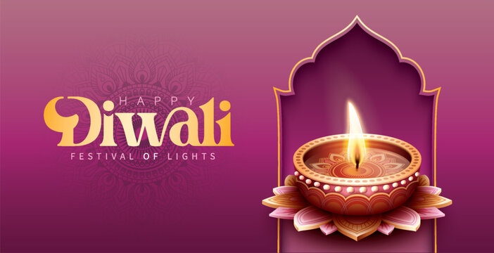 Happy Diwali festival with oil lamp, Rangoli decoration with Diya, Diwali holiday Background with rangoli, Diwali celebration greeting card,vector.