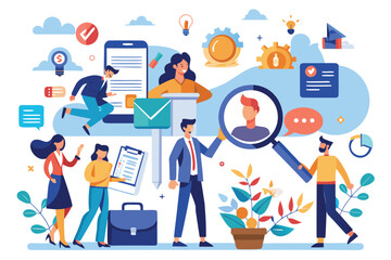 HR and recruitment professionals engage in job search activities, collaborating and utilizing technology for effective candidate evaluation