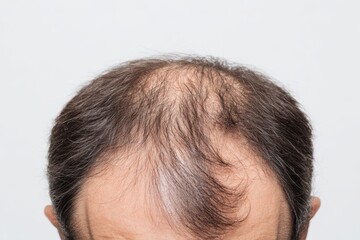 Fototapeta premium This Photo is a Top View Close-up of a Man's Head with Hair Loss - Male Pattern Baldness and Hair Restoration.