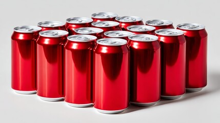 Row of red cans of soda. The cans are lined up in a row and are all the same size