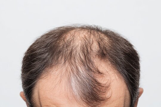 This Photo is a Top View Close-up of a Man's Head with Hair Loss - Male Pattern Baldness and Hair Restoration.