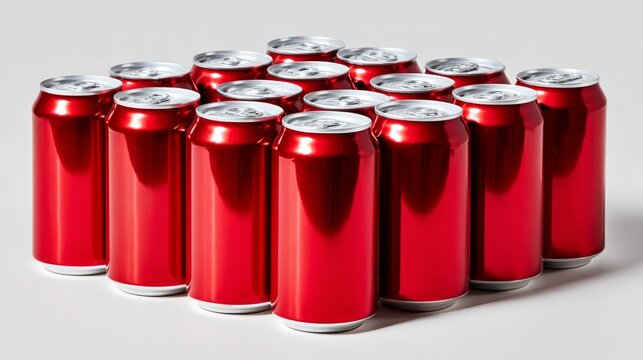Row of red cans of soda. The cans are lined up in a row and are all the same size