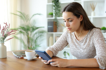 Serious woman reading digital book on ebook at home