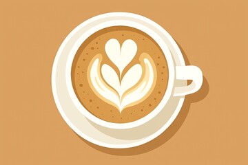Overhead view of a white cup and saucer holding a cappuccino with latte art in the shape of a stylized flower with hearts.  The cup casts a subtle shadow on a light brown background