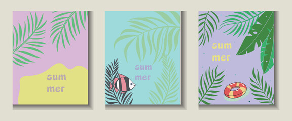 Colorful summer posters with palm leaves, drink can, beach elements, and tropical vibes. Editable seasonal vector design for print and digital use. Perfect for summer marketing visuals.