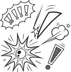 Black and White Comic Style Exclamation Marks Illustration – Hand Drawn Pop Art Symbols for Design, Manga, or Sticker Use