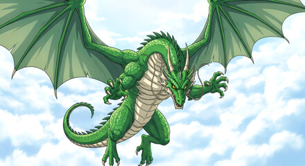 green dragon soaring through clouds