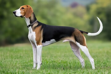 The Large and Long-Legged Foxhound is Standing in the Grass - Hunting Dog and Outdoor Portrait.