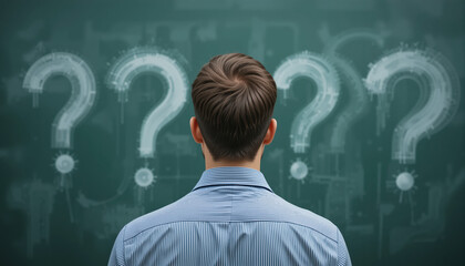 A man wearing a shirt, facing a chalkboard with four large question marks drawn on it. Thinking concept. 