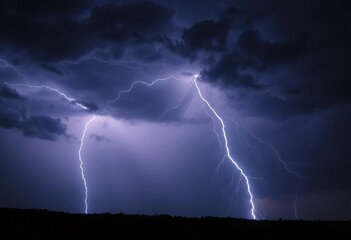Dramatic lightning bolt striking across a dark, stormy night sky,   atmospheric pressure,  lightning