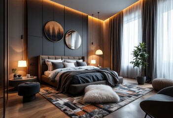 A luxurious master bedroom features a large bed with dark gray linens, a patterned rug, dark wood floors, and ambient lighting.  Two circular mirrors hang above the bed's headboard, 