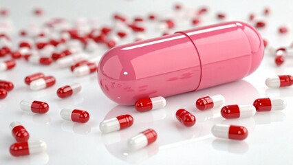 Large pink capsule with glossy finish, surrounded by small red and white pills, dynamic floating movement, beautiful and clean, high-resolution medical image.