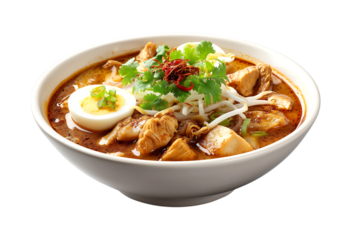 Delicious Bowl of chicken laksa in brown sauce isolated on a transparent background