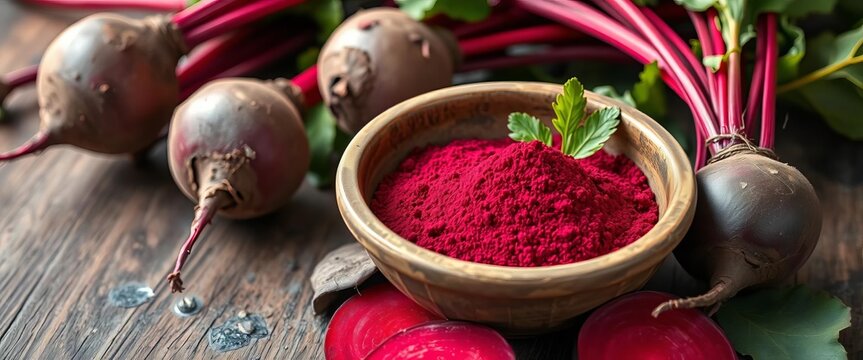 Earthy beetroot powder in rustic bowl beside vibrant beets, rustic, natural