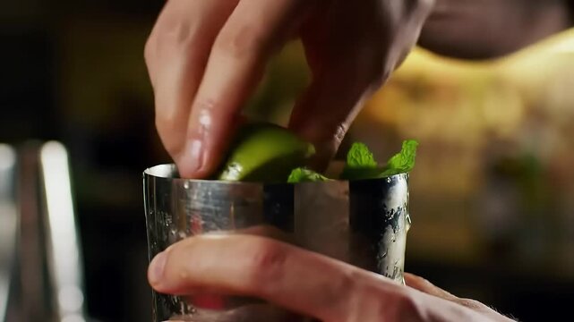 Bartender muddling lime and mint in cocktail shaker, bar background, drink recipe