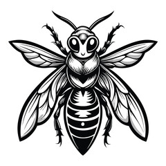 Monochrome Detailed Illustration of a Bee with Intricate Wing Patterns and Striped Body