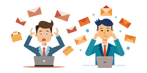 Frustrated Male Office Worker Overwhelmed by Emails – Corporate Vector Illustration Showing Burnout, Digital Stress, and Information Overload at Work