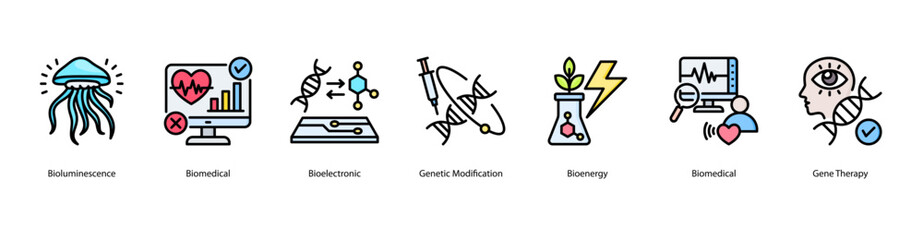 Advanced biomedicine web banner icon vector illustration with Bioluminescence, Biomedical, Bioelectronic, Genetic Modification, Bioenergy, Biomedical, and Gene Therapy.