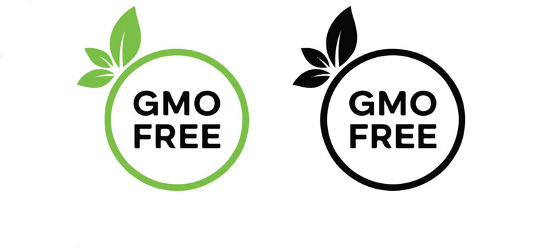 GMO FREE icon set with leaves, green and black logo on white background