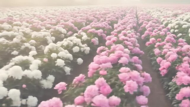 A misty field of pink and white peonies stretches to a hazy horizon, creating a soft, dreamy effect