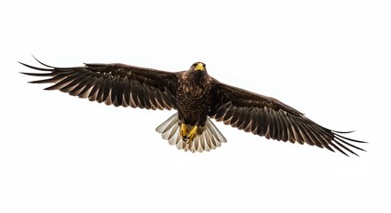 Obraz premium 力強く羽ばたくワシ 白い背景で鮮明撮影 鋭い眼光. AI Generated